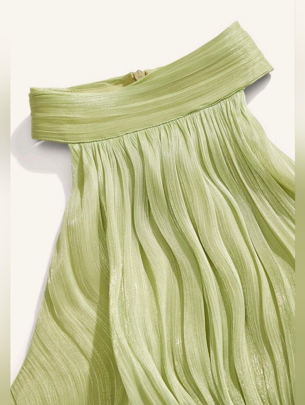 New Metallic Crinkled Halter Rhinestone Trim Maxi Dress Green - Picture 9 of 15
